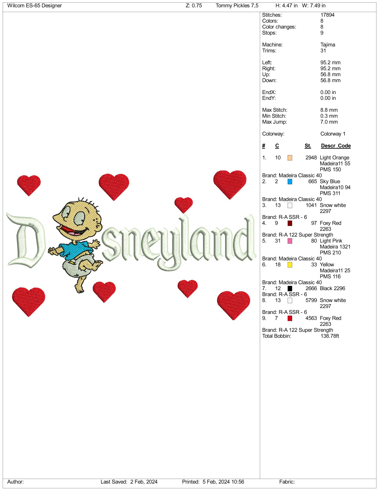 Tommy Pickles Disneyland Embroidery Design Files - 3 Size's