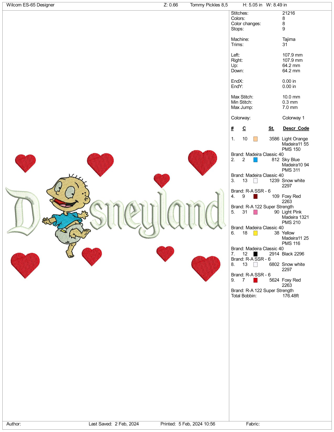 Tommy Pickles Disneyland Embroidery Design Files - 3 Size's