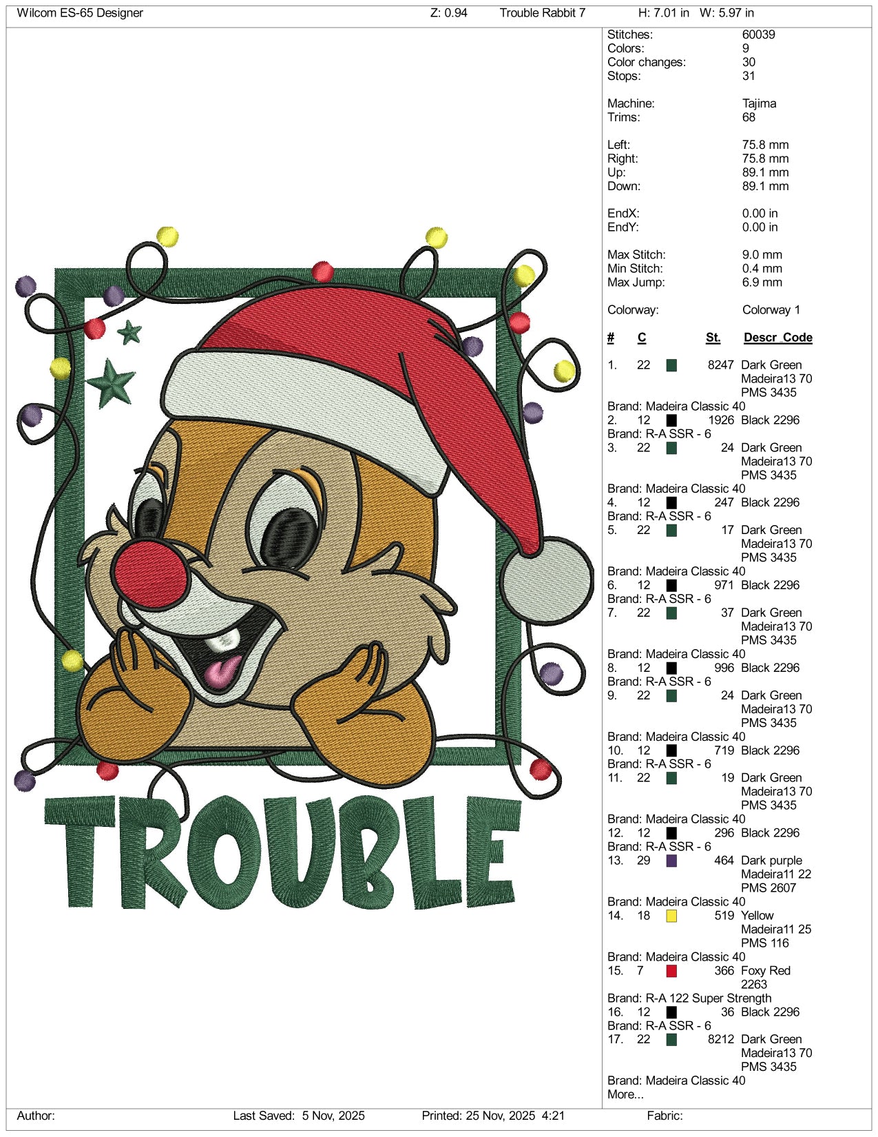 Dale Trouble Santa Embroidery Design Files - 4 Size's
