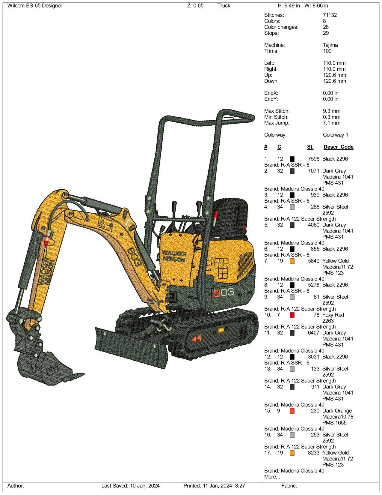 Excavator Machine Embroidery Design Files - 3 Size's