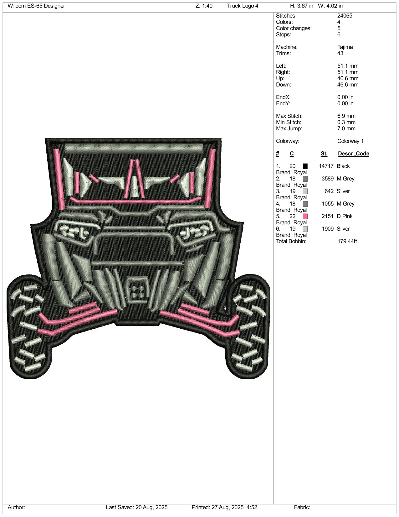 Truck v2 Embroidery Design Files - 3 Size's