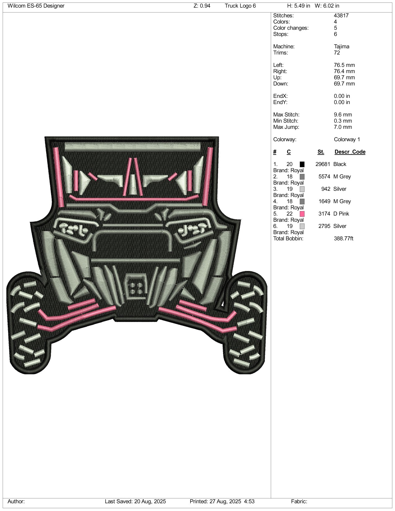 Truck v2 Embroidery Design Files - 3 Size's