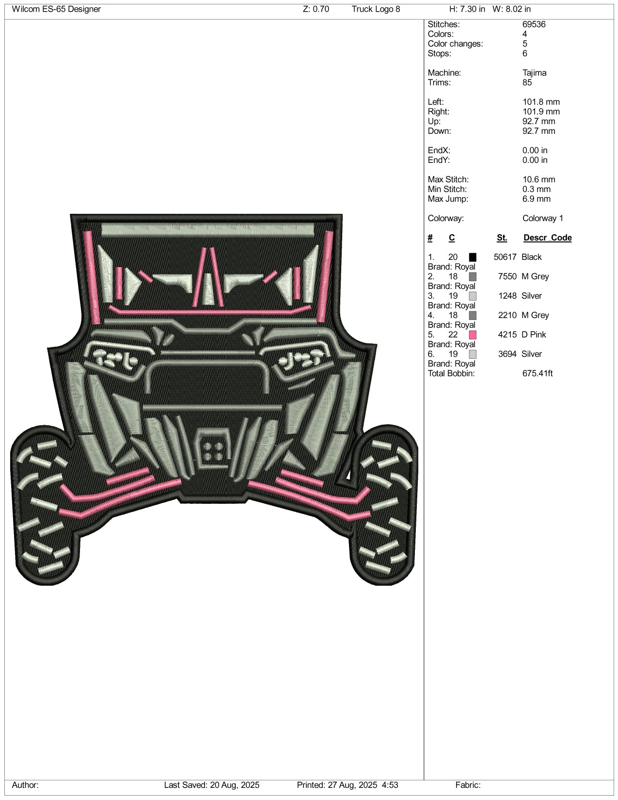 Truck v2 Embroidery Design Files - 3 Size's
