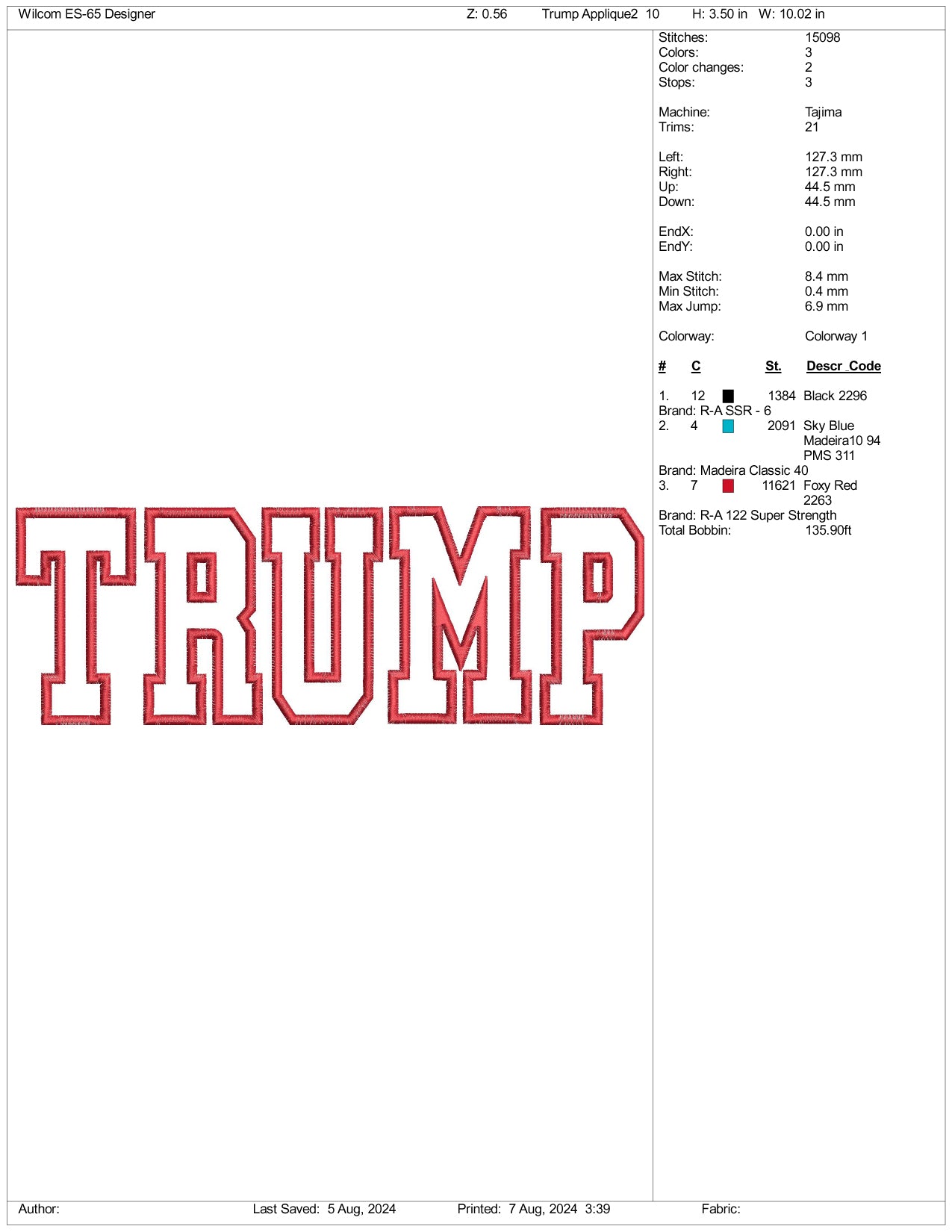 Trump Embroidery Applique Design Files - 3 Size's