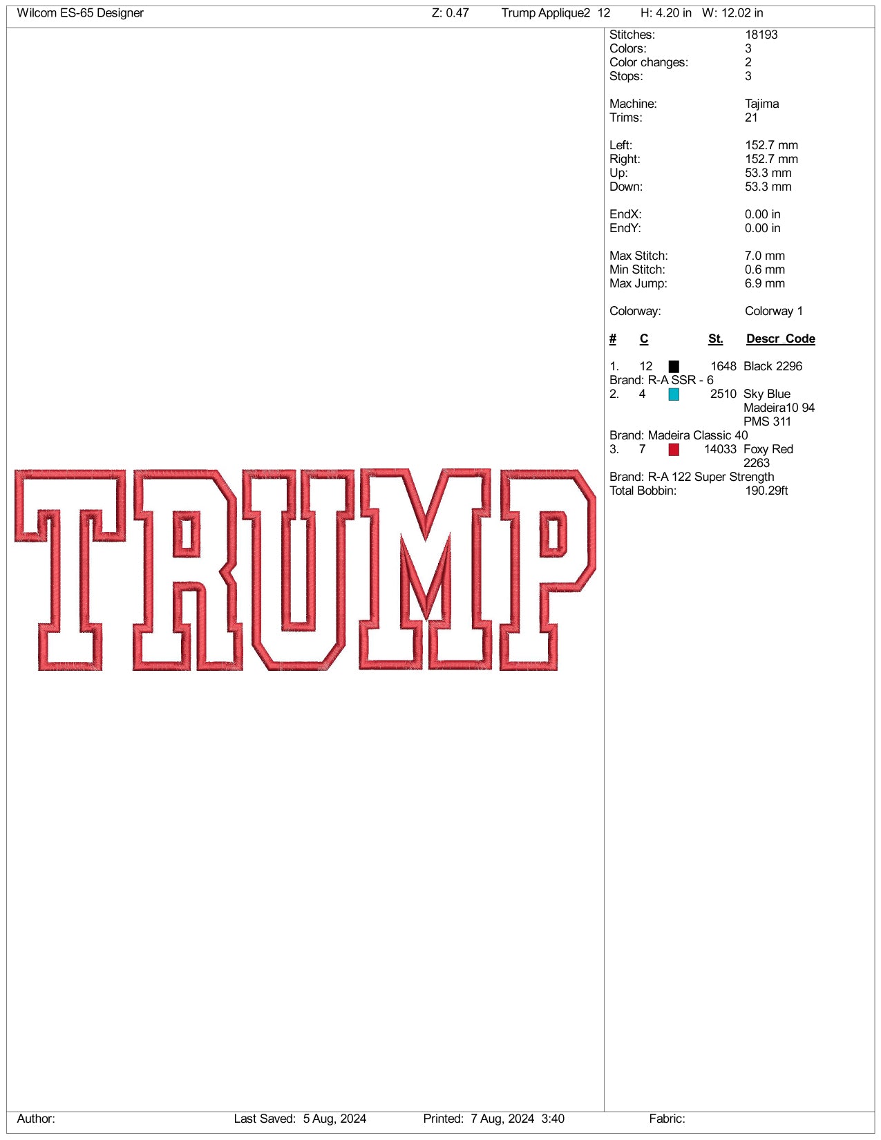 Trump Embroidery Applique Design Files - 3 Size's