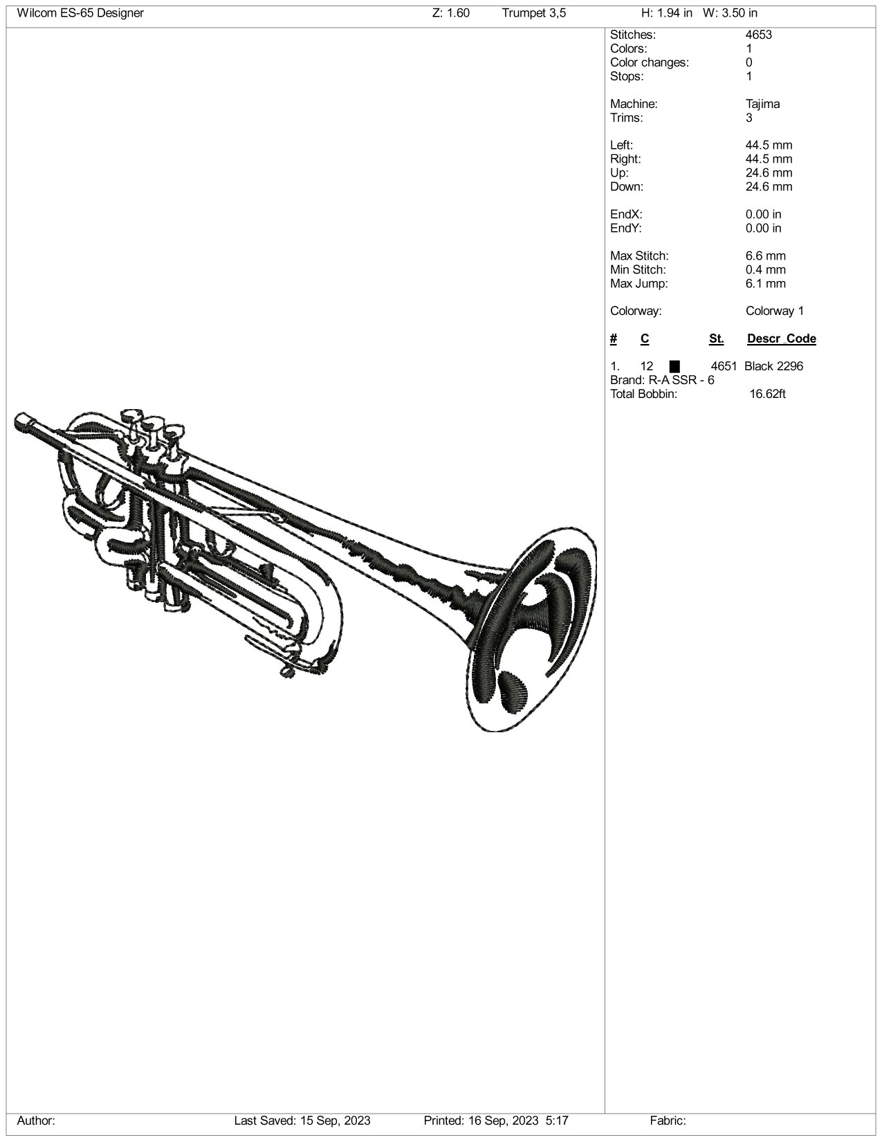 Trumpet Embroidery Design Files - 3 Size's