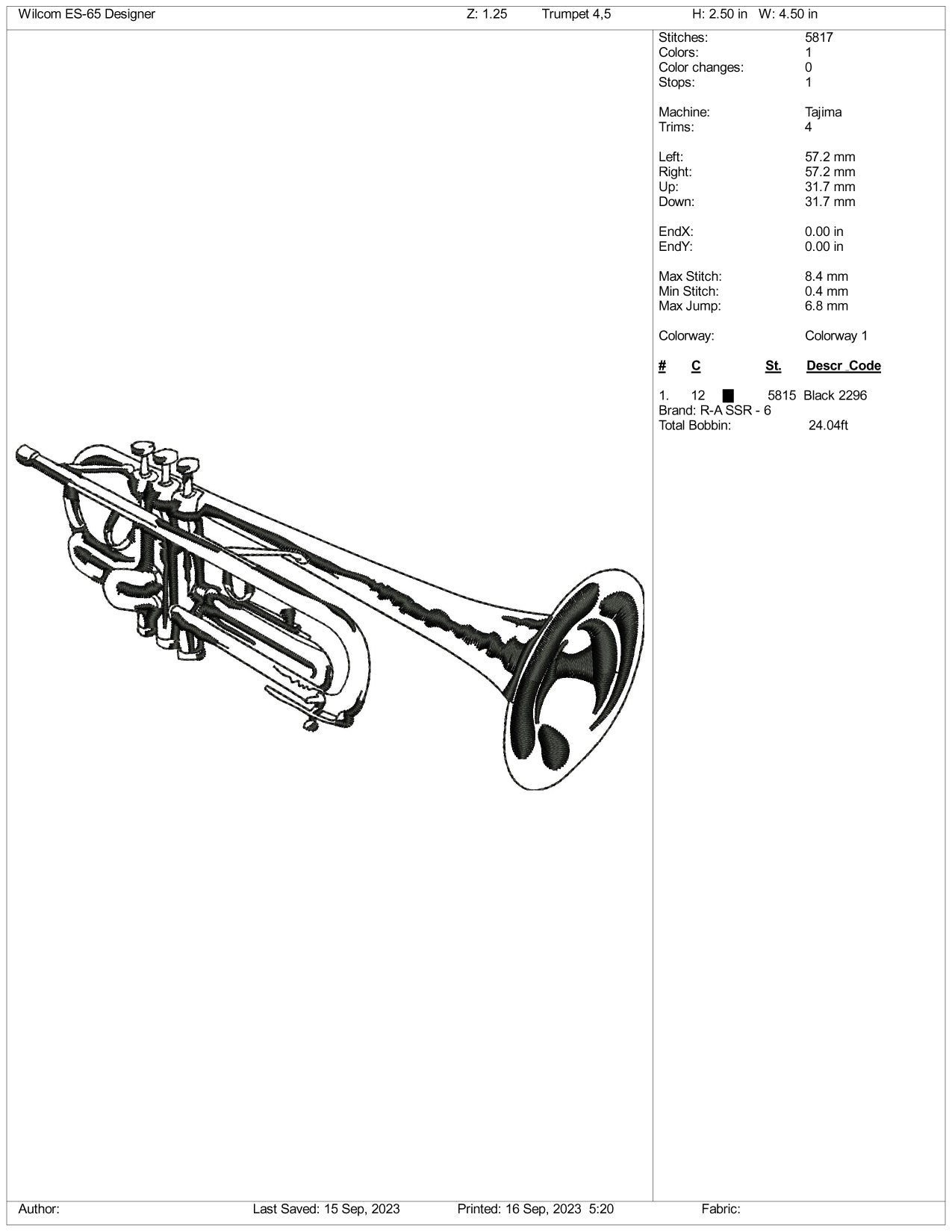 Trumpet Embroidery Design Files - 3 Size's