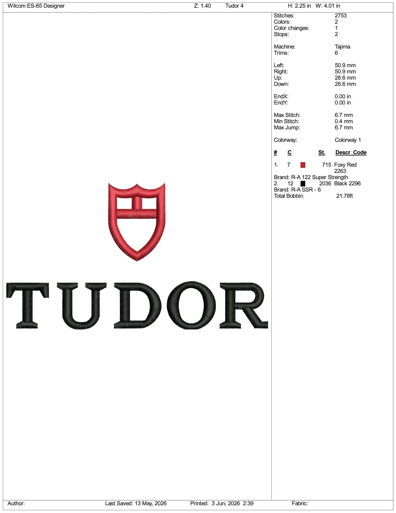 Tudor Logo Embroidery Design Files - 3 Size's