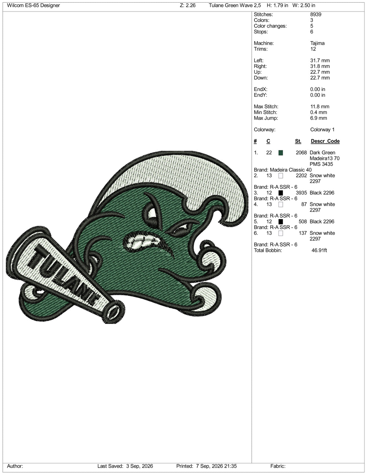 Tulane Green Wave Logo Embroidery Design Files - 3 Size's