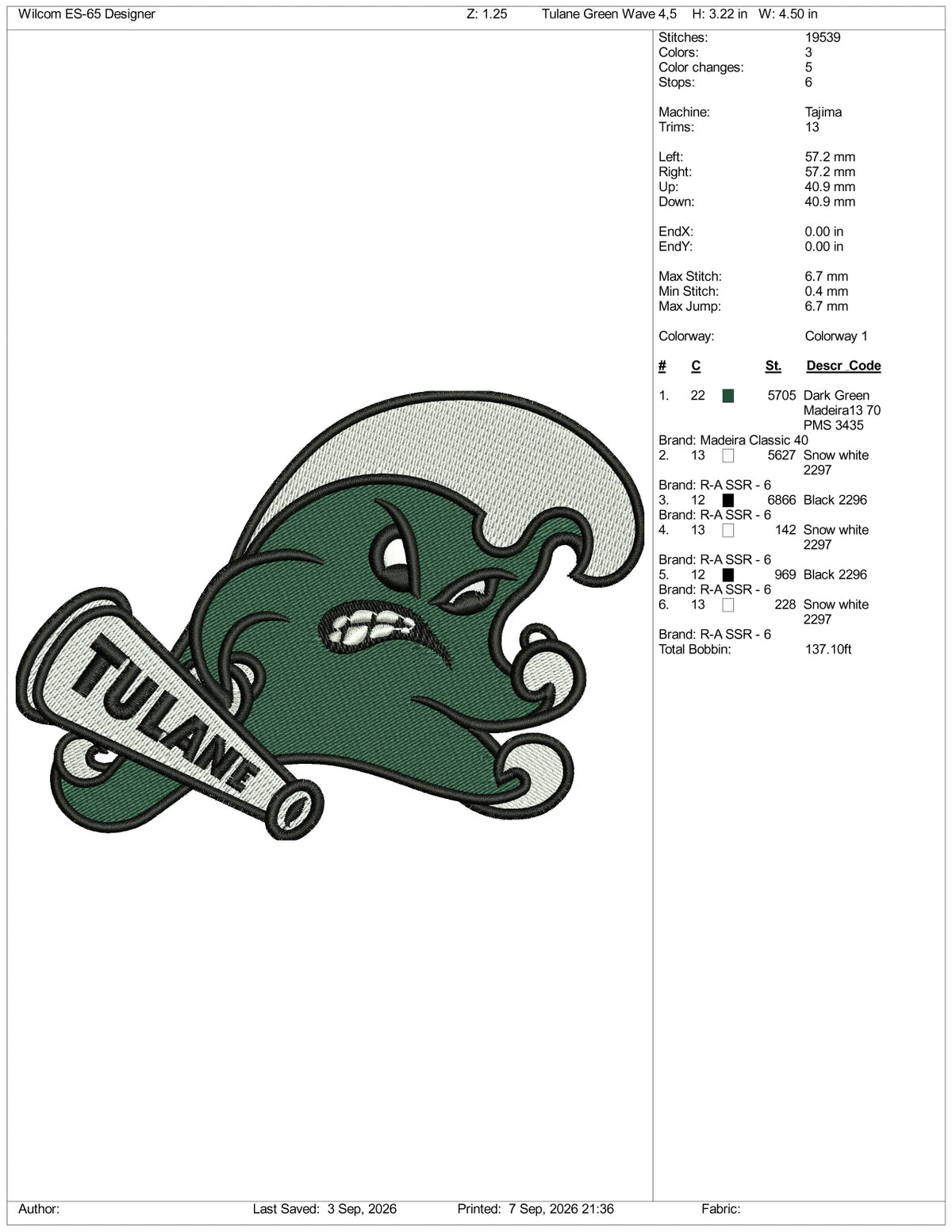 Tulane Green Wave Logo Embroidery Design Files - 3 Size's
