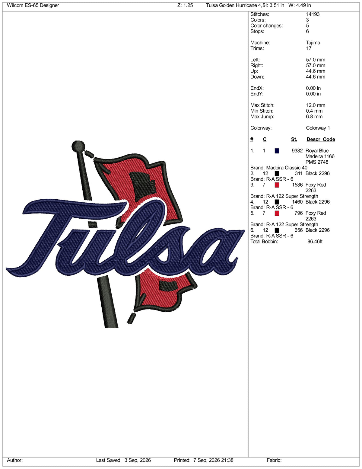 Tulsa Golden Hurricane Logo Embroidery Design Files - 3 Size's
