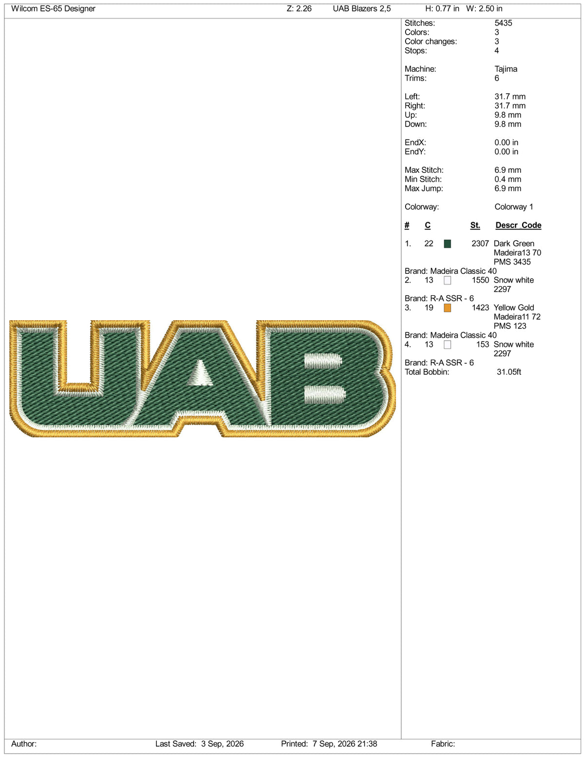 UAB Blazers Logo Embroidery Design Files - 3 Size's