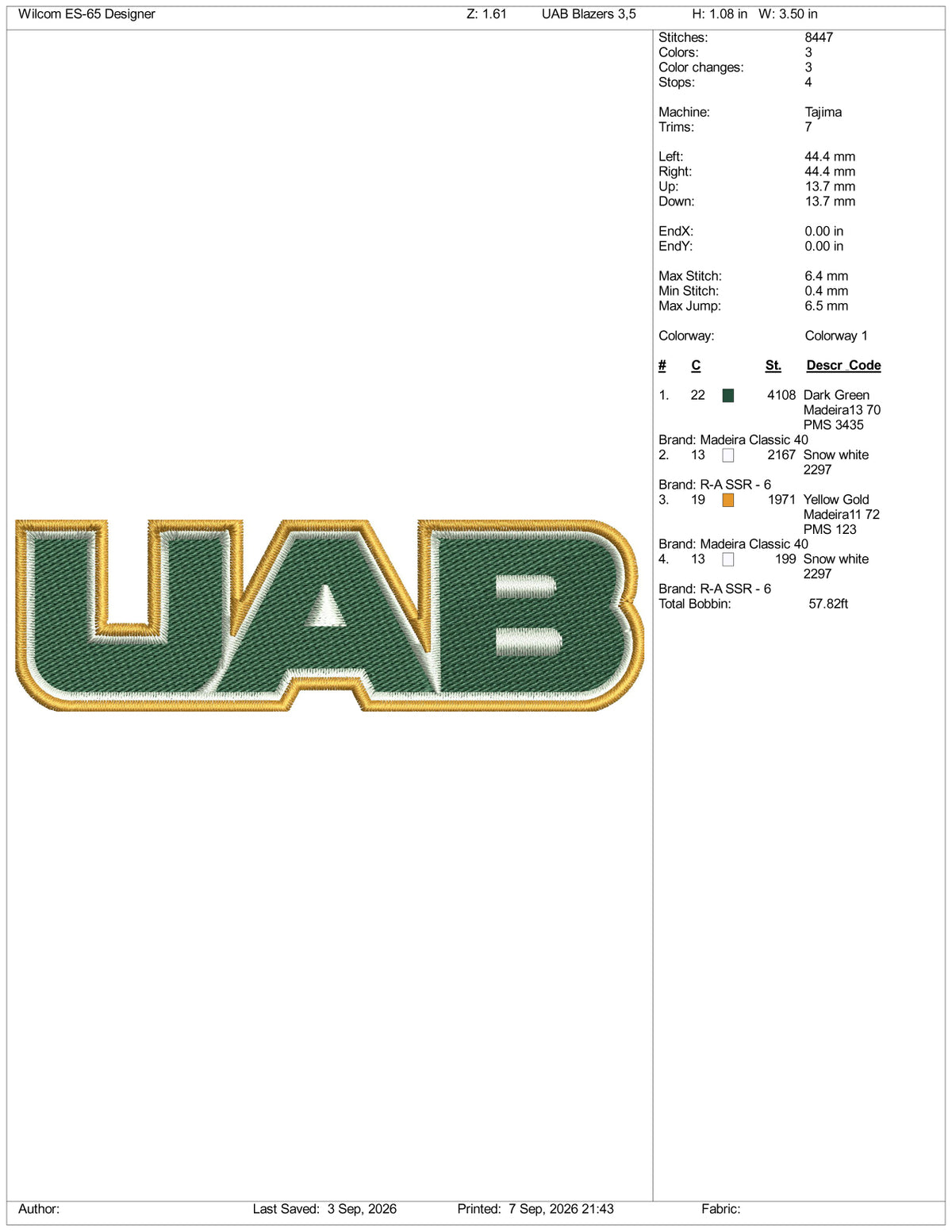 UAB Blazers Logo Embroidery Design Files - 3 Size's