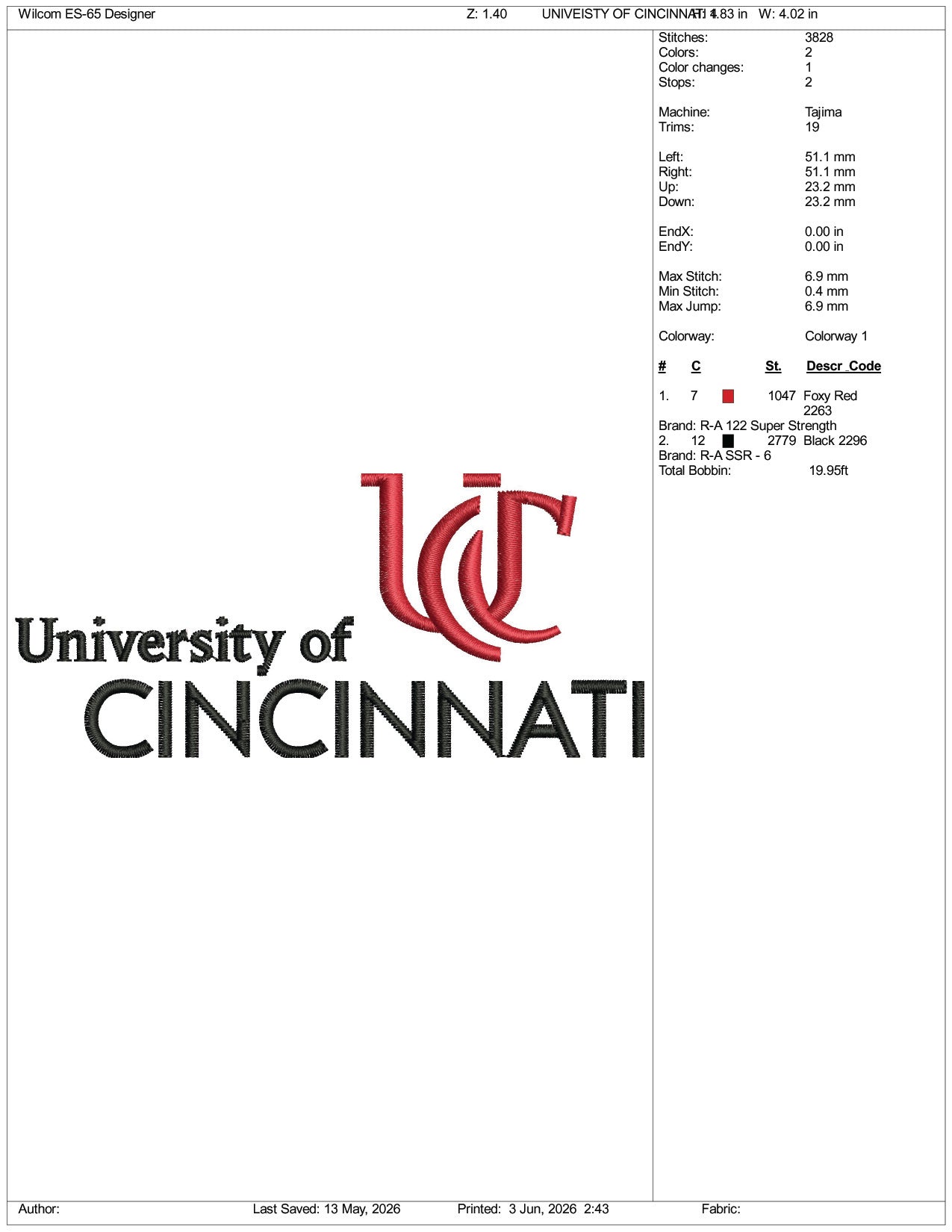 University of Cincinnati Logo Embroidery Design Files - 3 Size's
