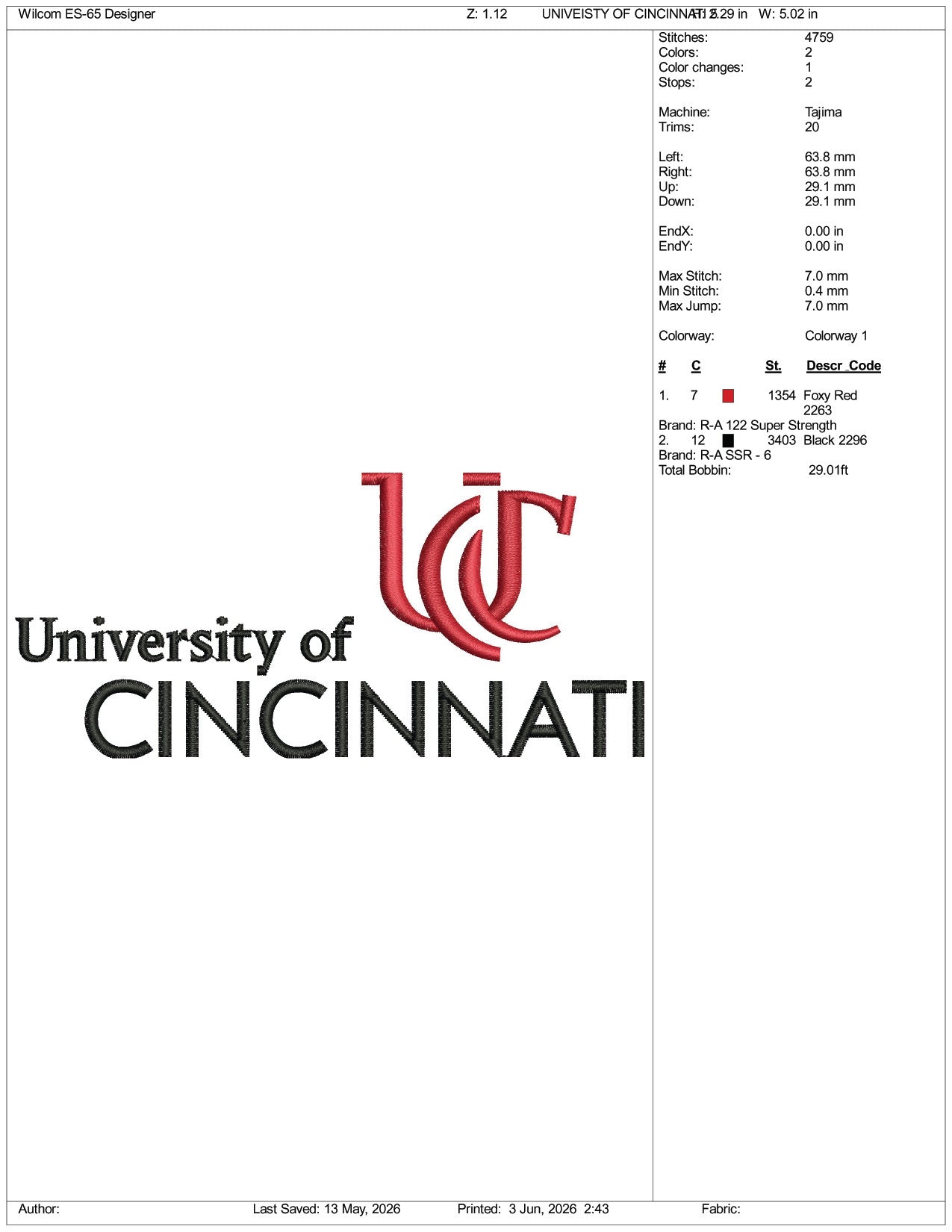 University of Cincinnati Logo Embroidery Design Files - 3 Size's