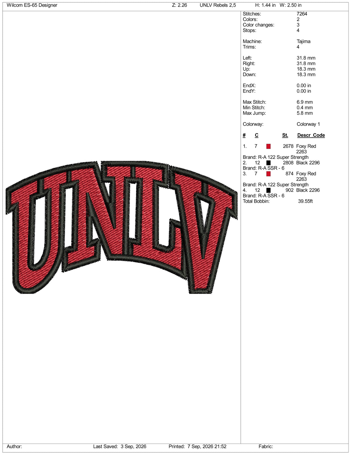 UNLV Rebels Logo Embroidery Design Files - 3 Size's