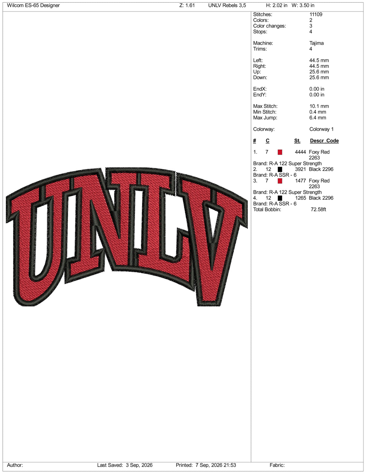UNLV Rebels Logo Embroidery Design Files - 3 Size's