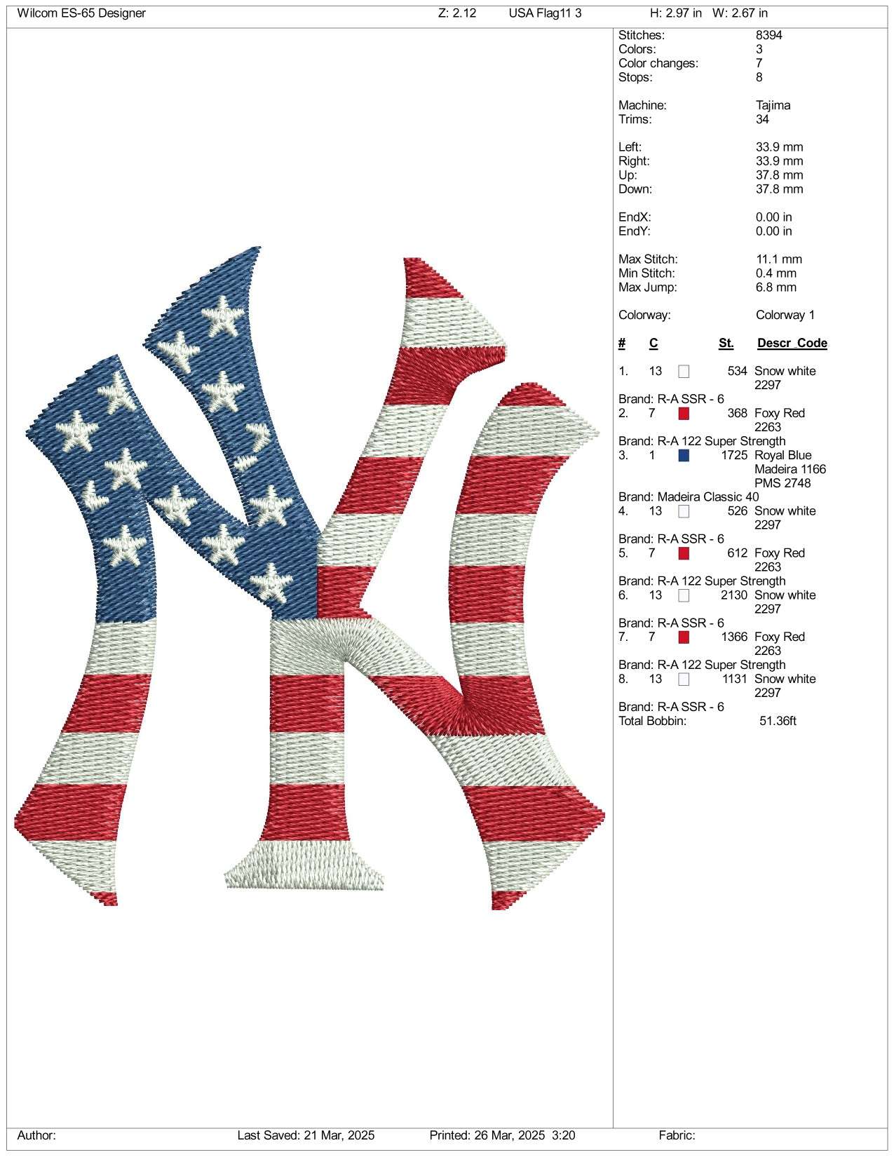 New York Yankees Logo USA Flag Embroidery Design Files - 3 Size's