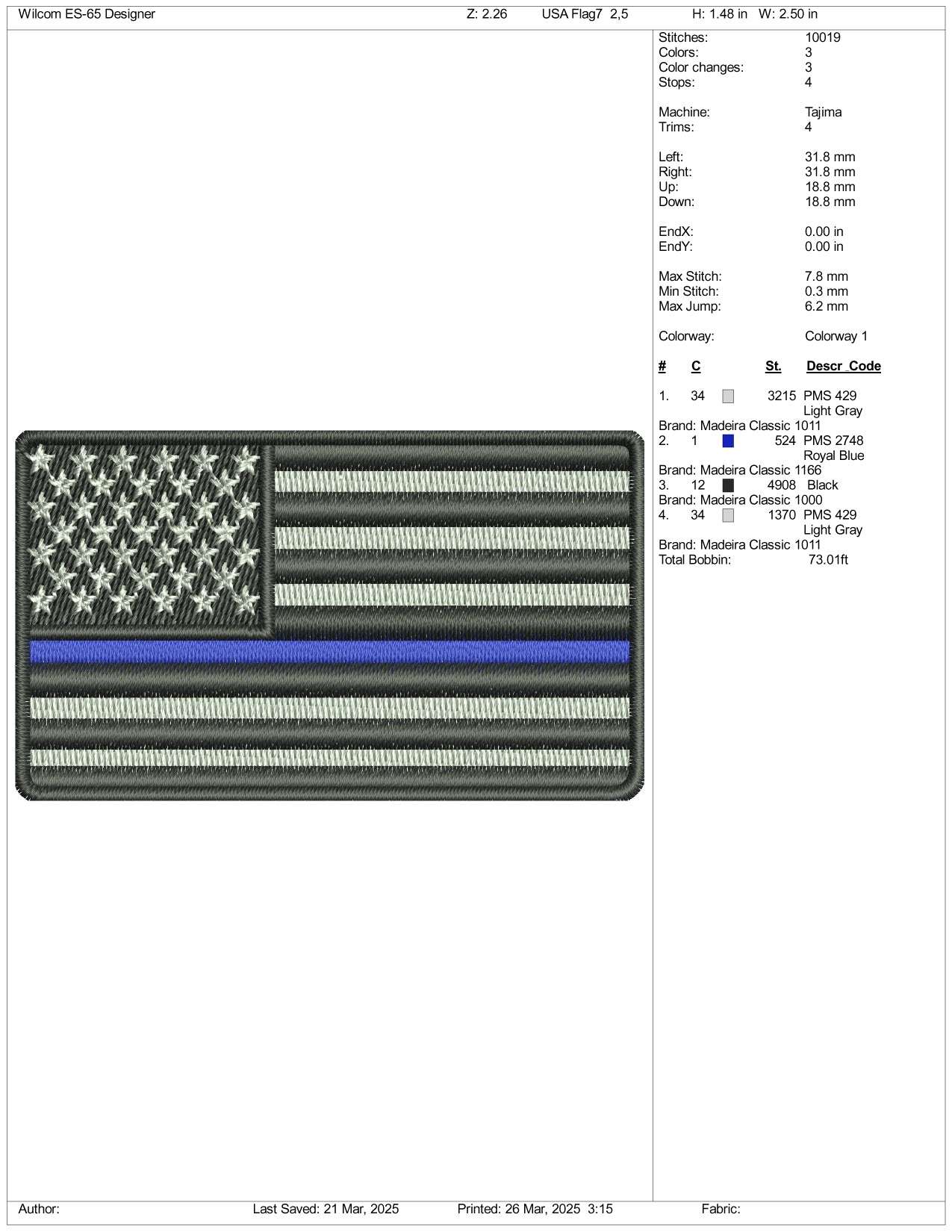 Black United States USA Flag v2 Embroidery Design Files - 3 Size's