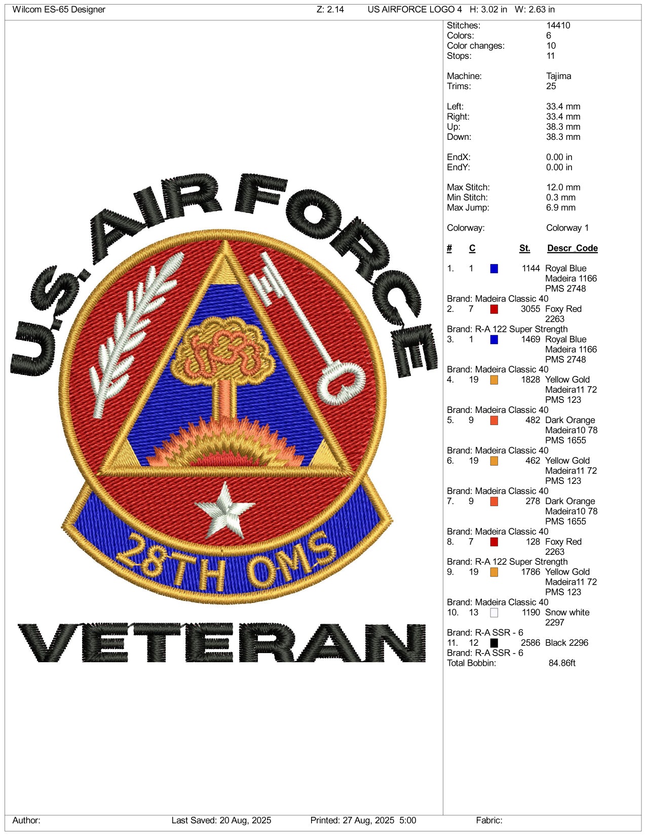 US Air Force Veteran Embroidery Design Files - 3 Size's
