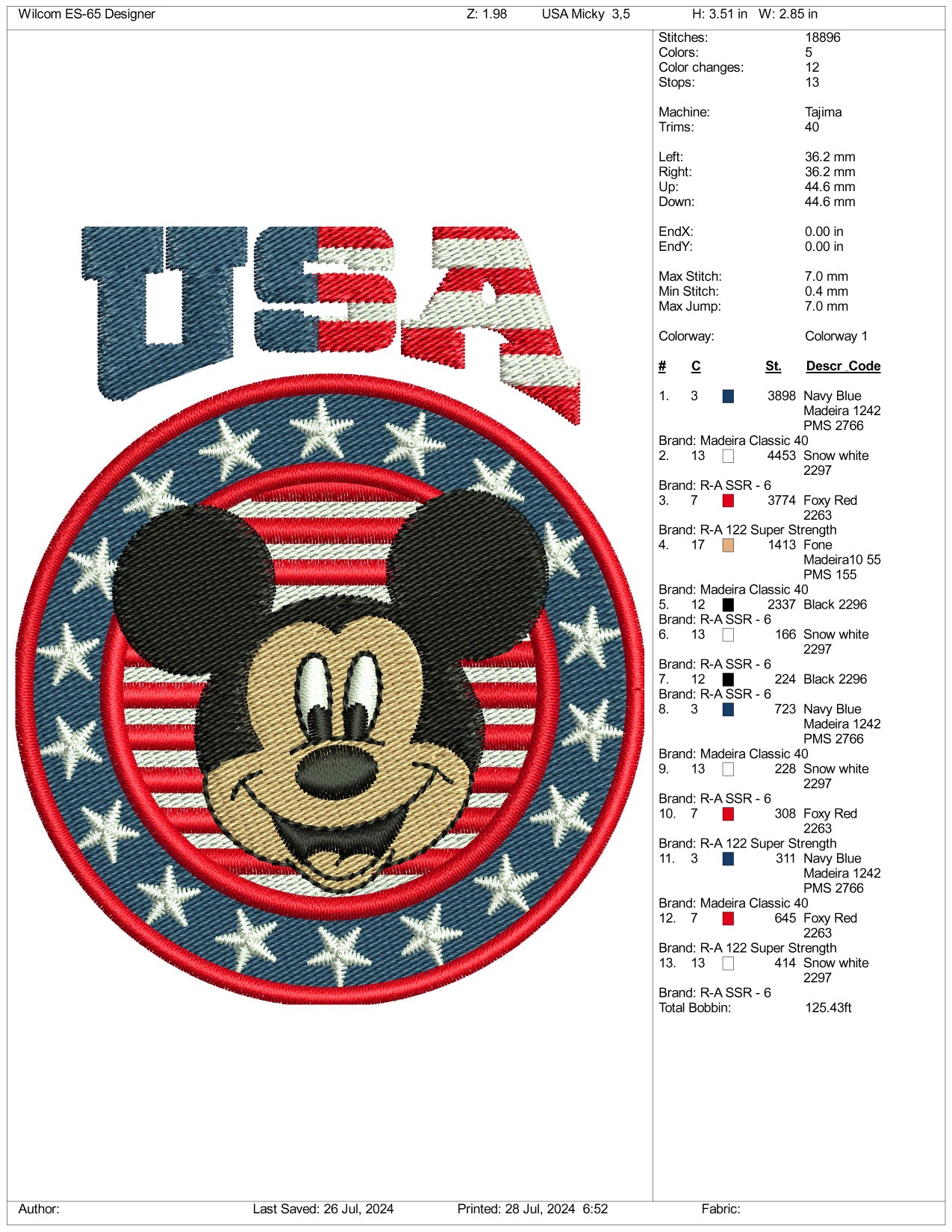 USA Mickey Mouse Embroidery Files - 3 Size's