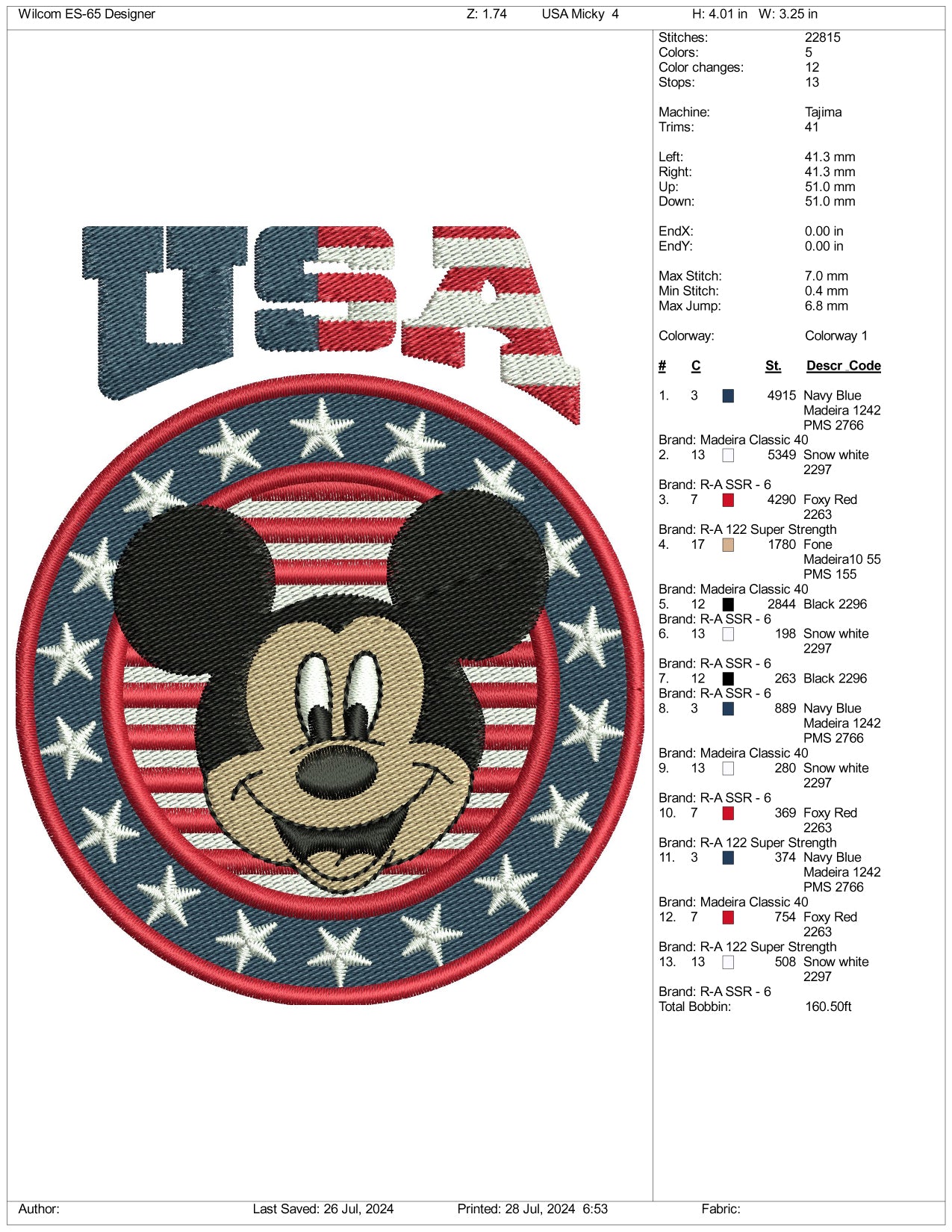 USA Mickey Mouse Embroidery Files - 3 Size's