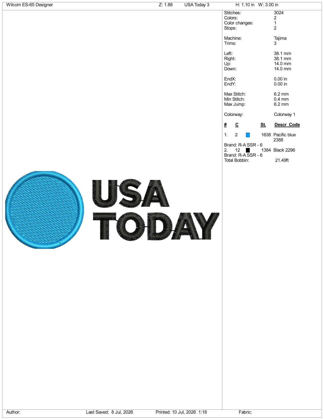 USA Today Logo Embroidery Design Files - 3 Size's