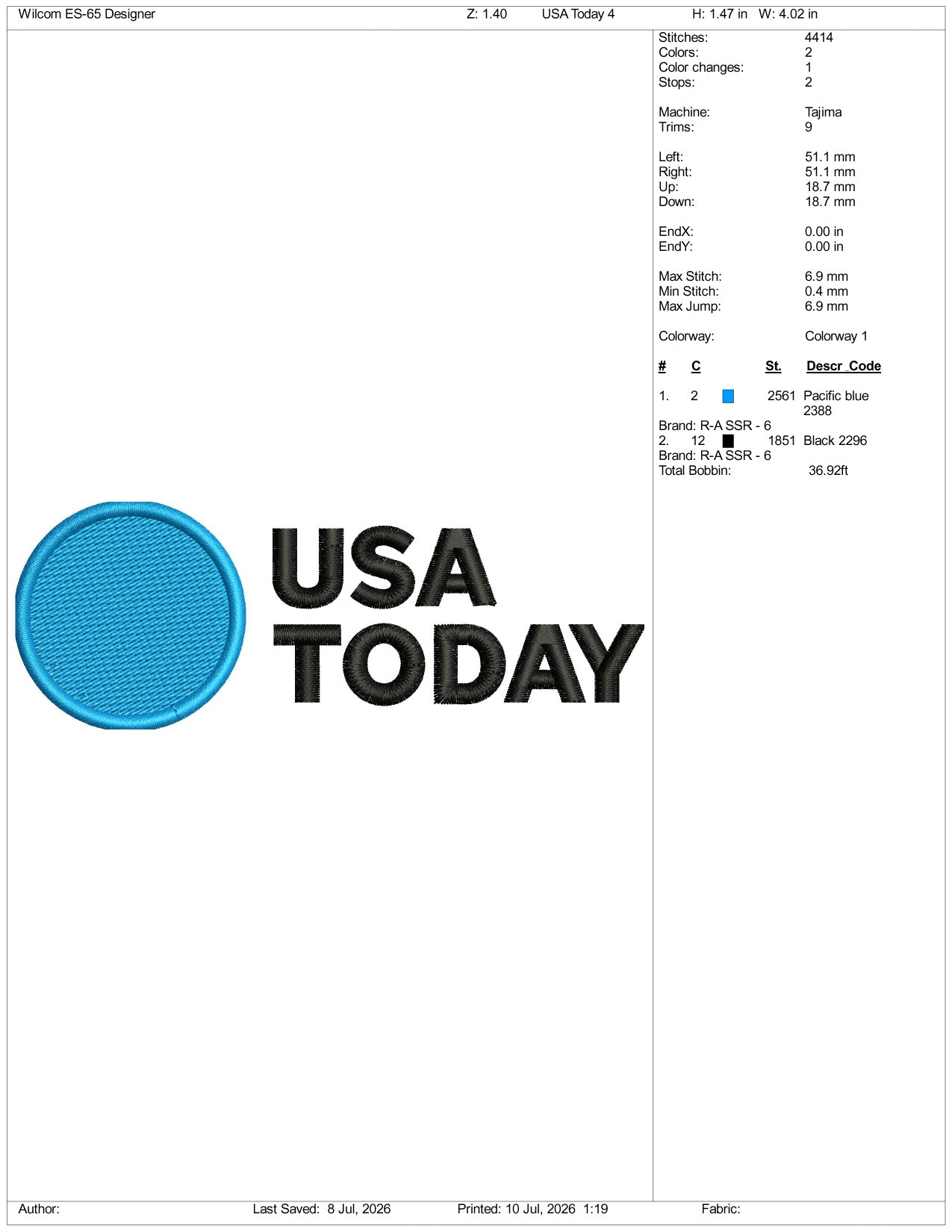 USA Today Logo Embroidery Design Files - 3 Size's