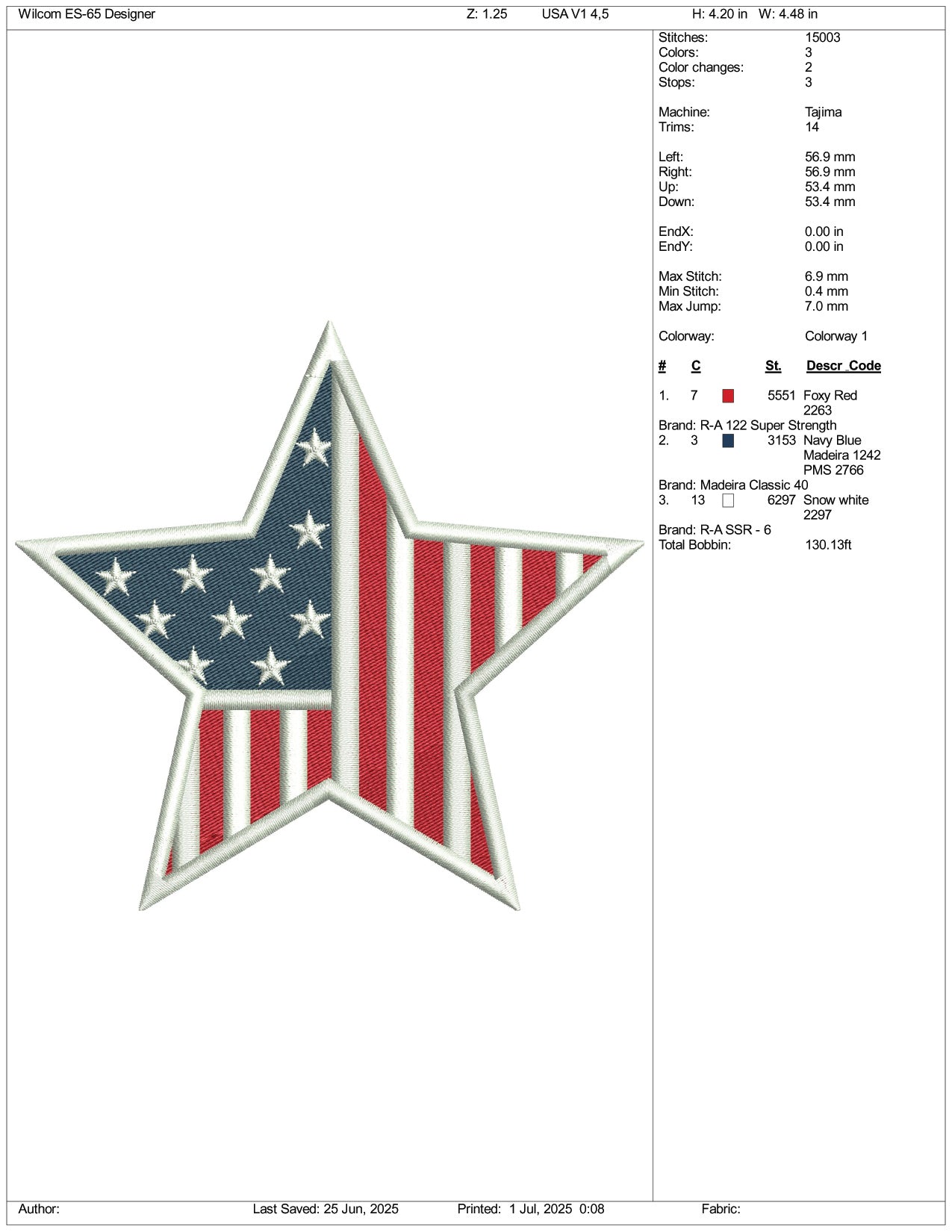 USA Star Flag Embroidery Design Files - 5 Size's
