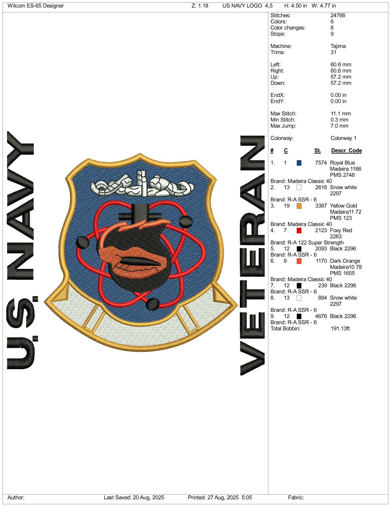 US Navy Veteran Embroidery Design Files - 3 Size's