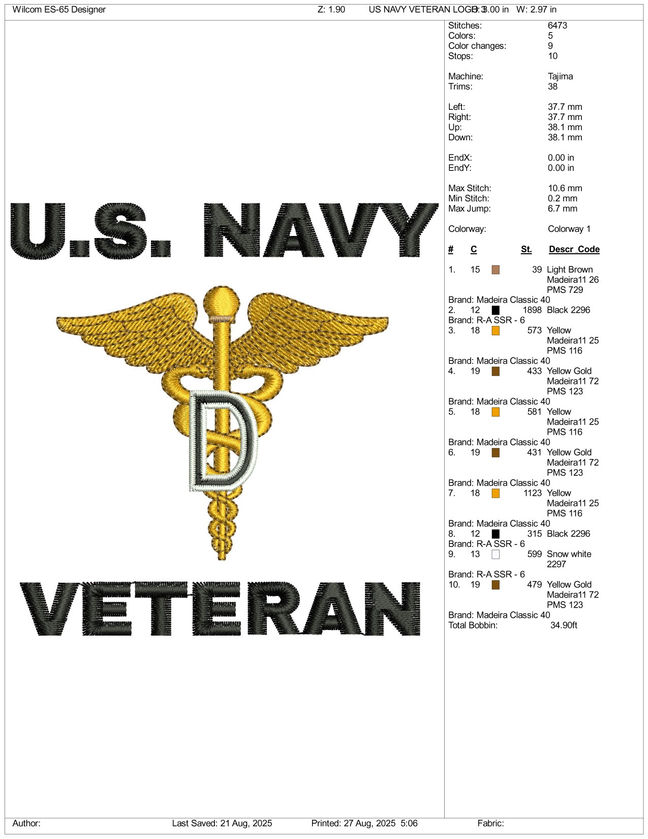 US Navy Veteran v2 Embroidery Design Files - 3 Size's