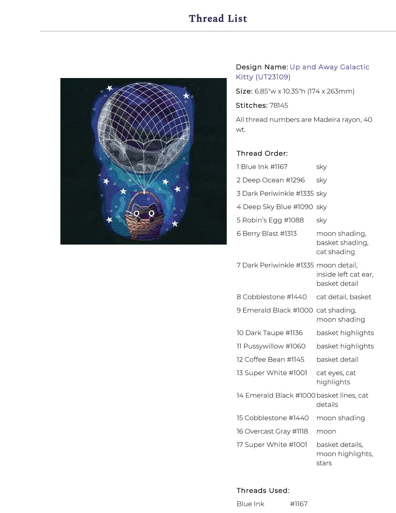 Up and Away Galactic Kitty Embroidery Design Files - 4 Size's