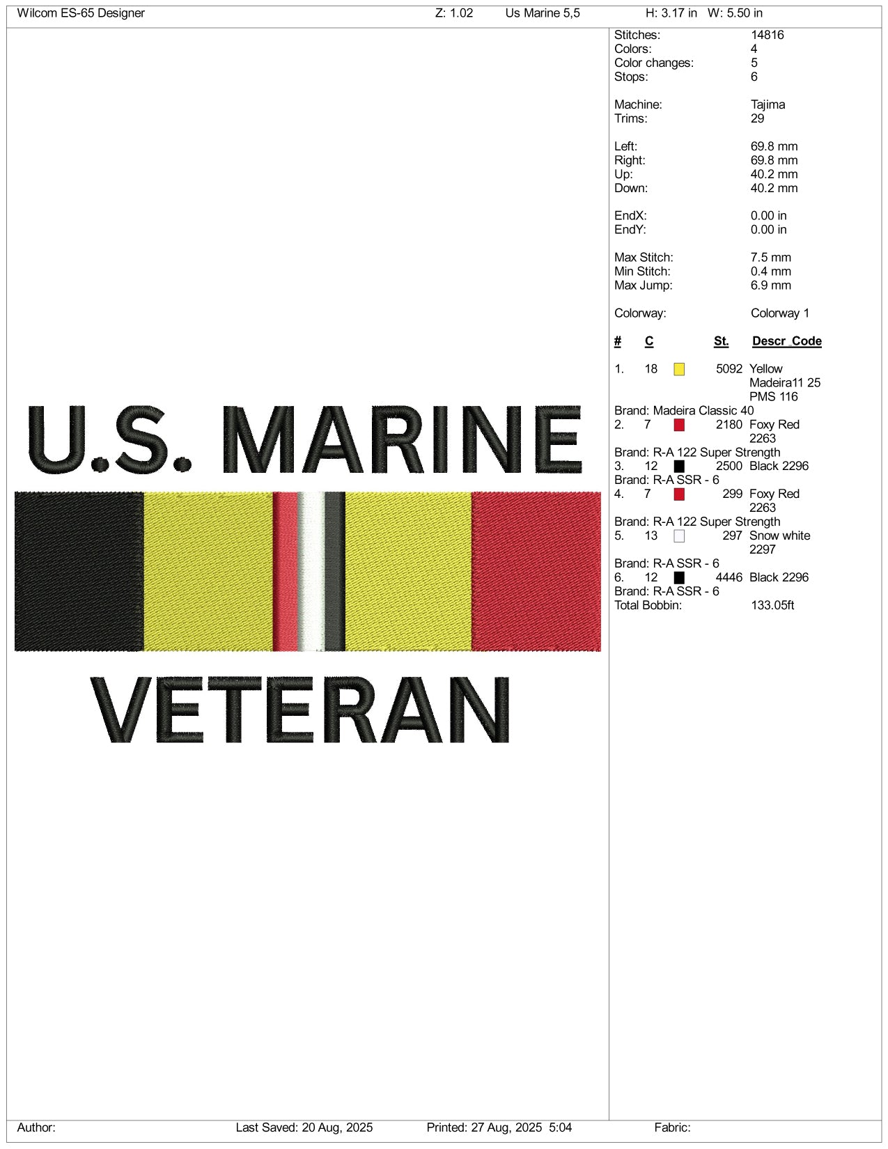 US Marine Veteran Embroidery Design Files - 3 Size's