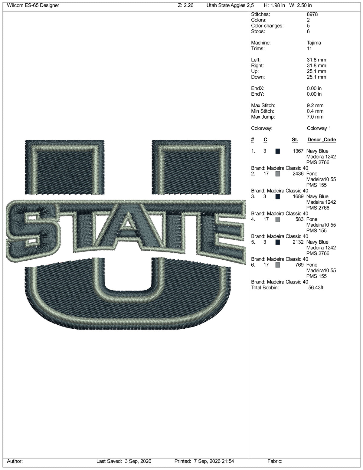 Utah State Aggies Logo Embroidery Design Files - 2 Size's