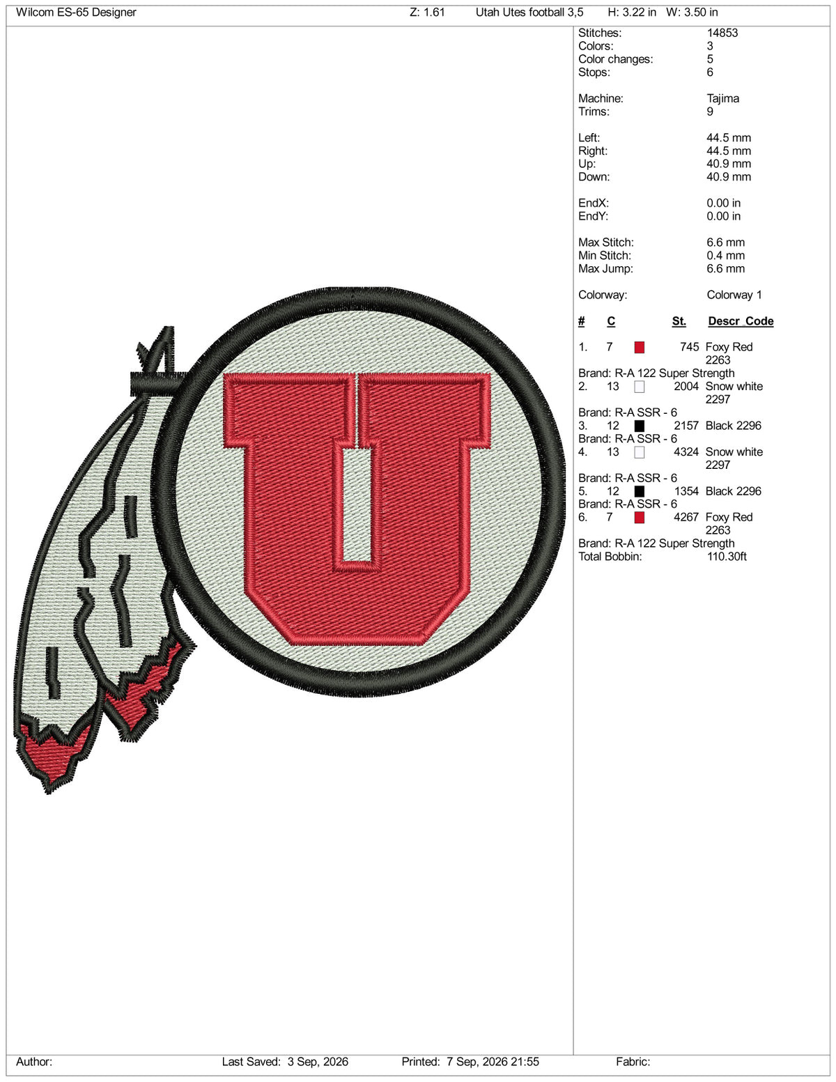 Utah Utes football Logo Embroidery Design Files - 3 Size's