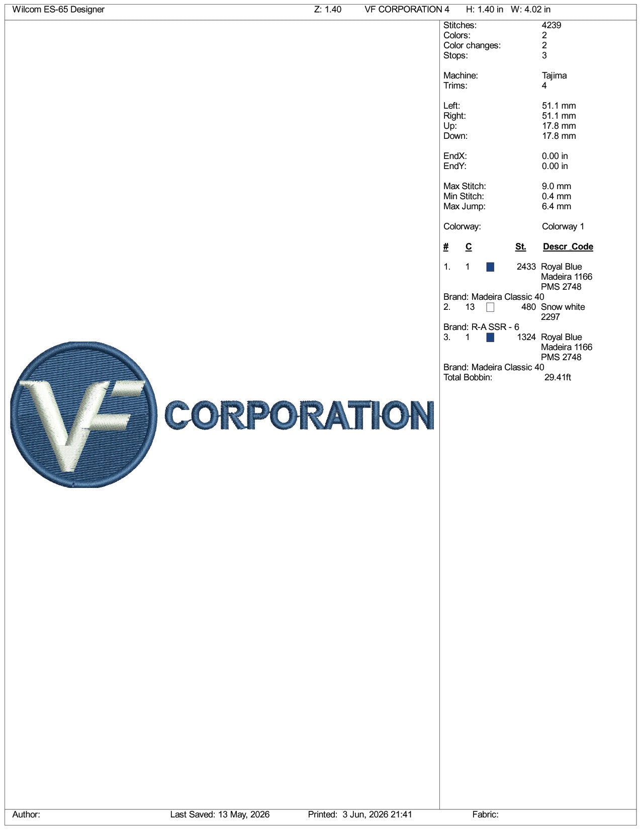 VF Corporation Logo Embroidery Design Files - 3 Size's