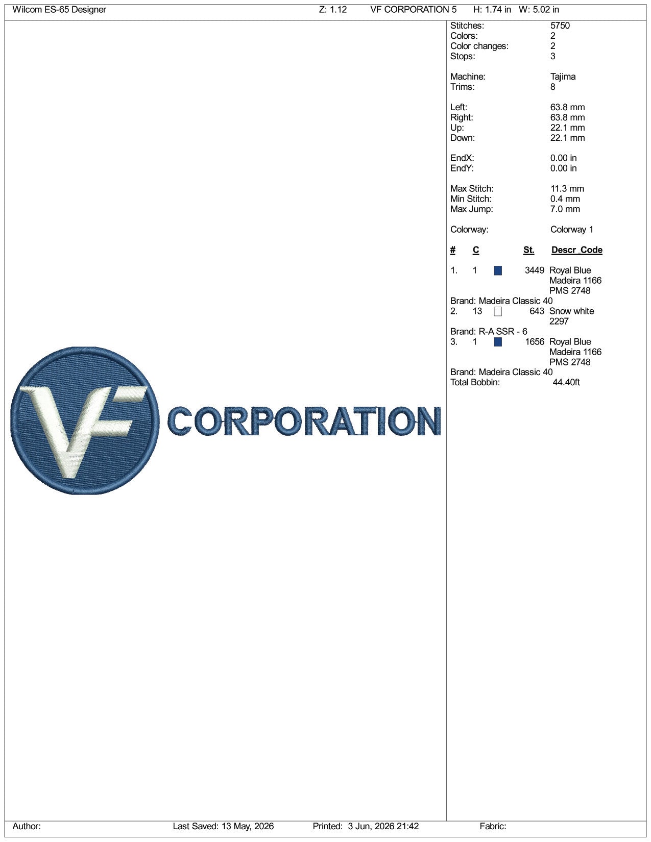 VF Corporation Logo Embroidery Design Files - 3 Size's