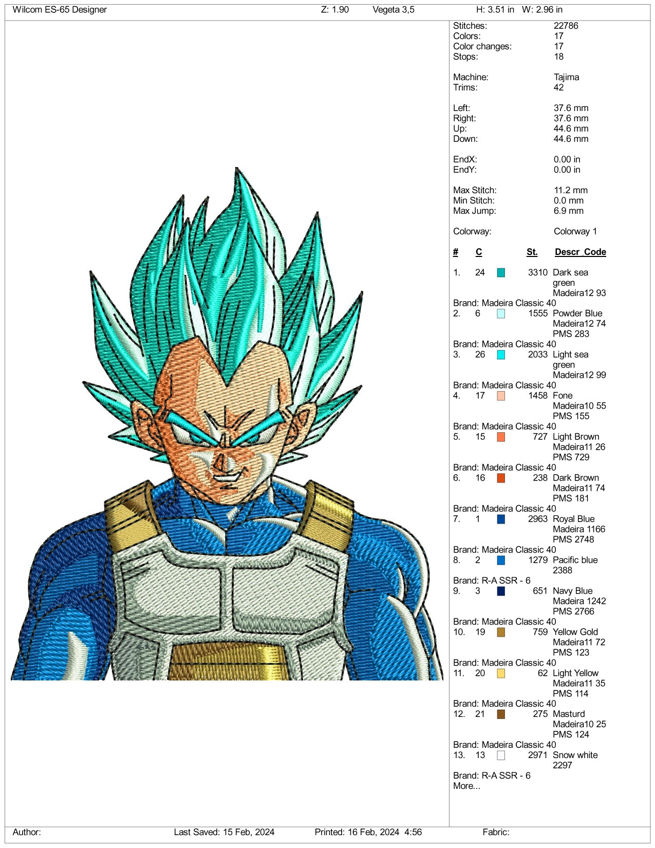 Vegeta Embroidery Design Files - 3 Size's