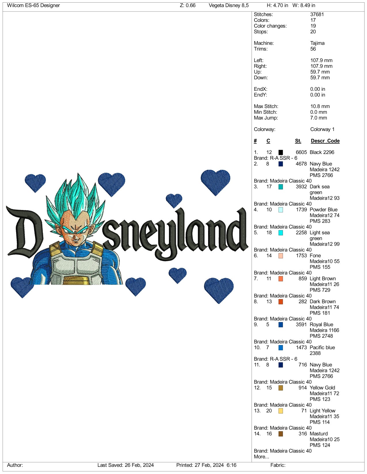 Vegeta Disneyland Embroidery Design Files - 3 Size's