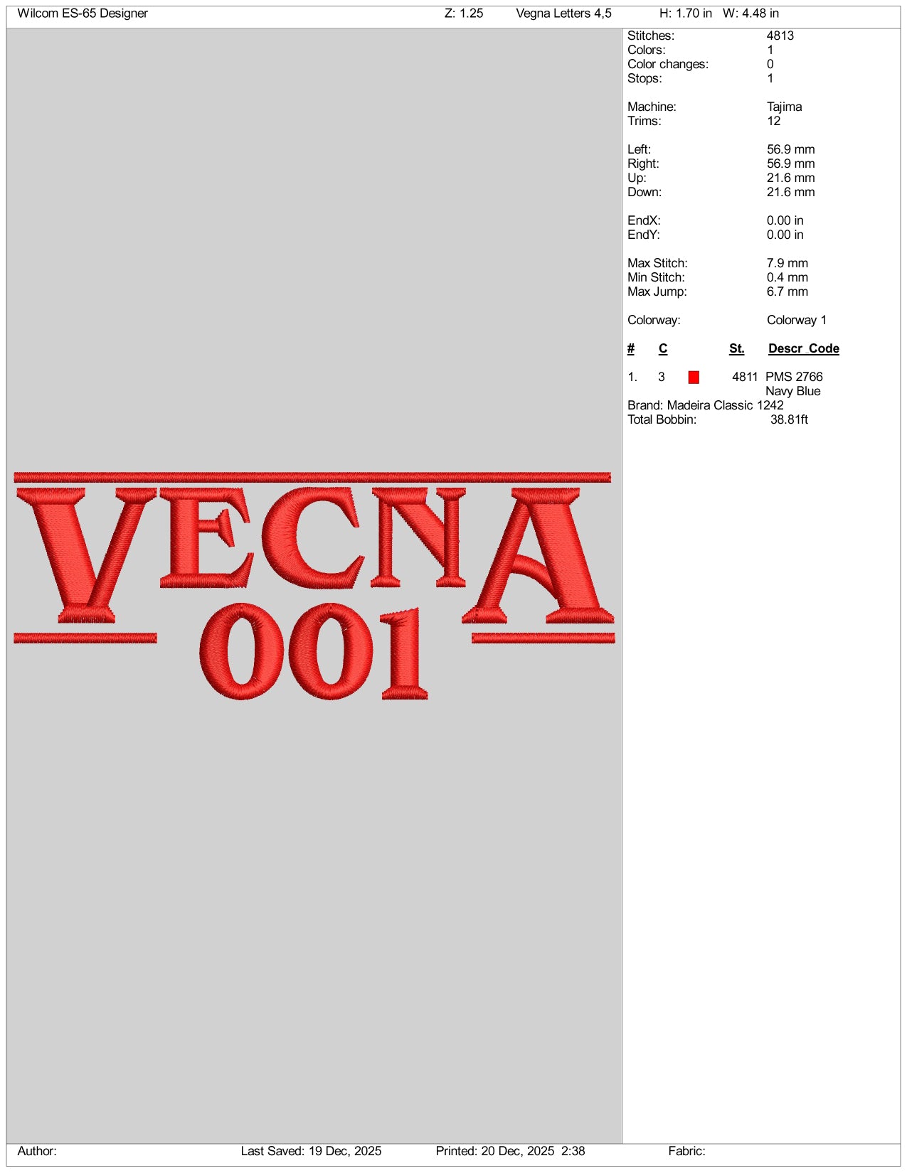 Vecna 001 Logo Embroidery Design Files - 3 Size's