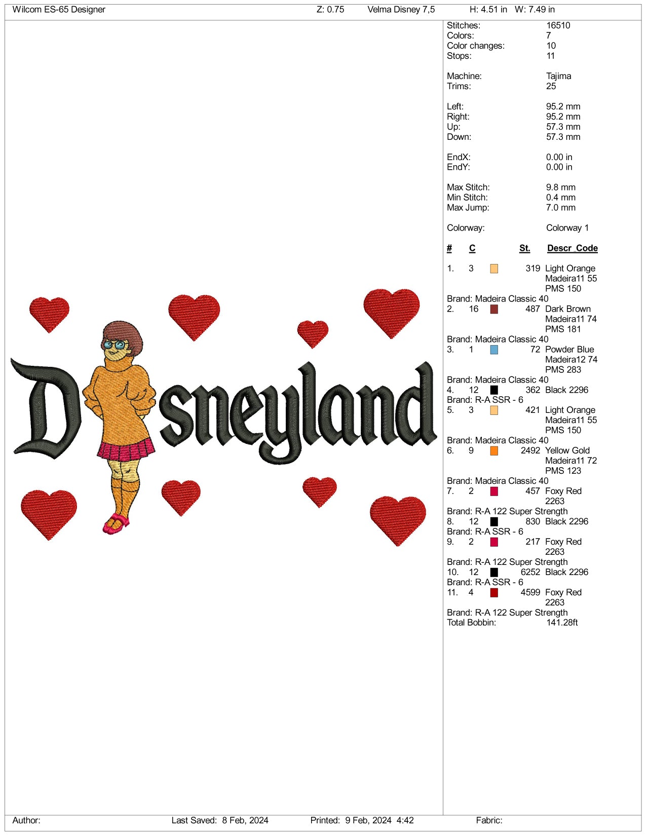 Velma Disneyland Embroidery Design Files - 3 Size's