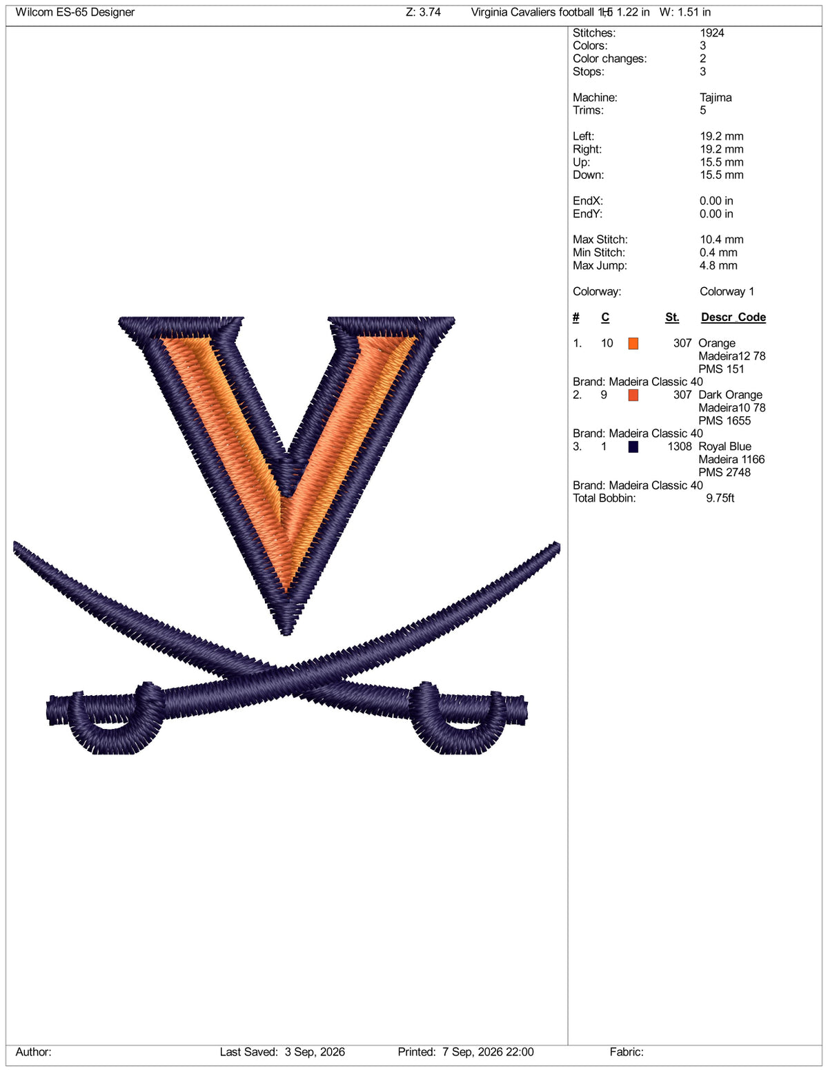 Virginia Cavaliers Football Logo Embroidery Design Files - 3 Size's