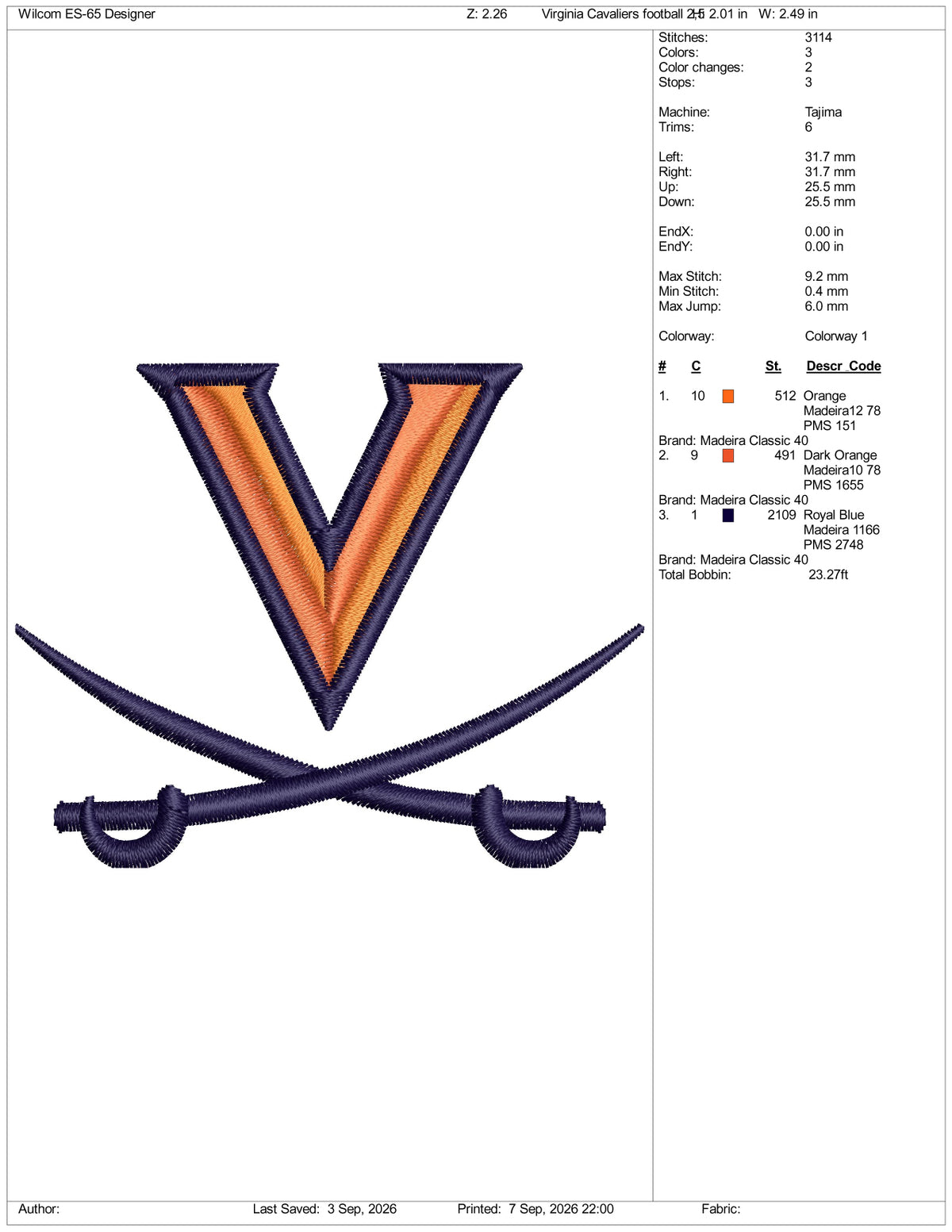 Virginia Cavaliers Football Logo Embroidery Design Files - 3 Size's