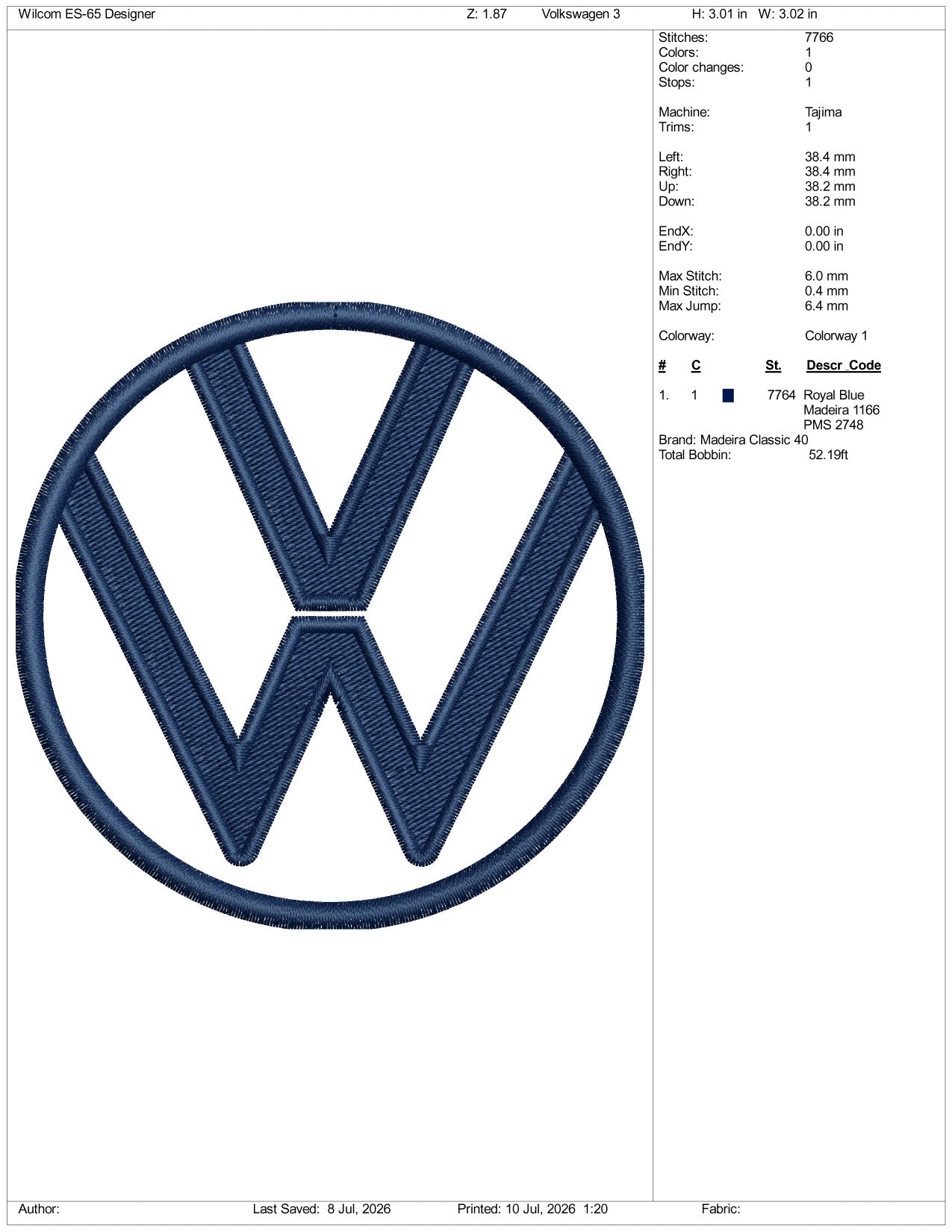 Volkswagen Football Logo Embroidery Design Files - 3 Size's