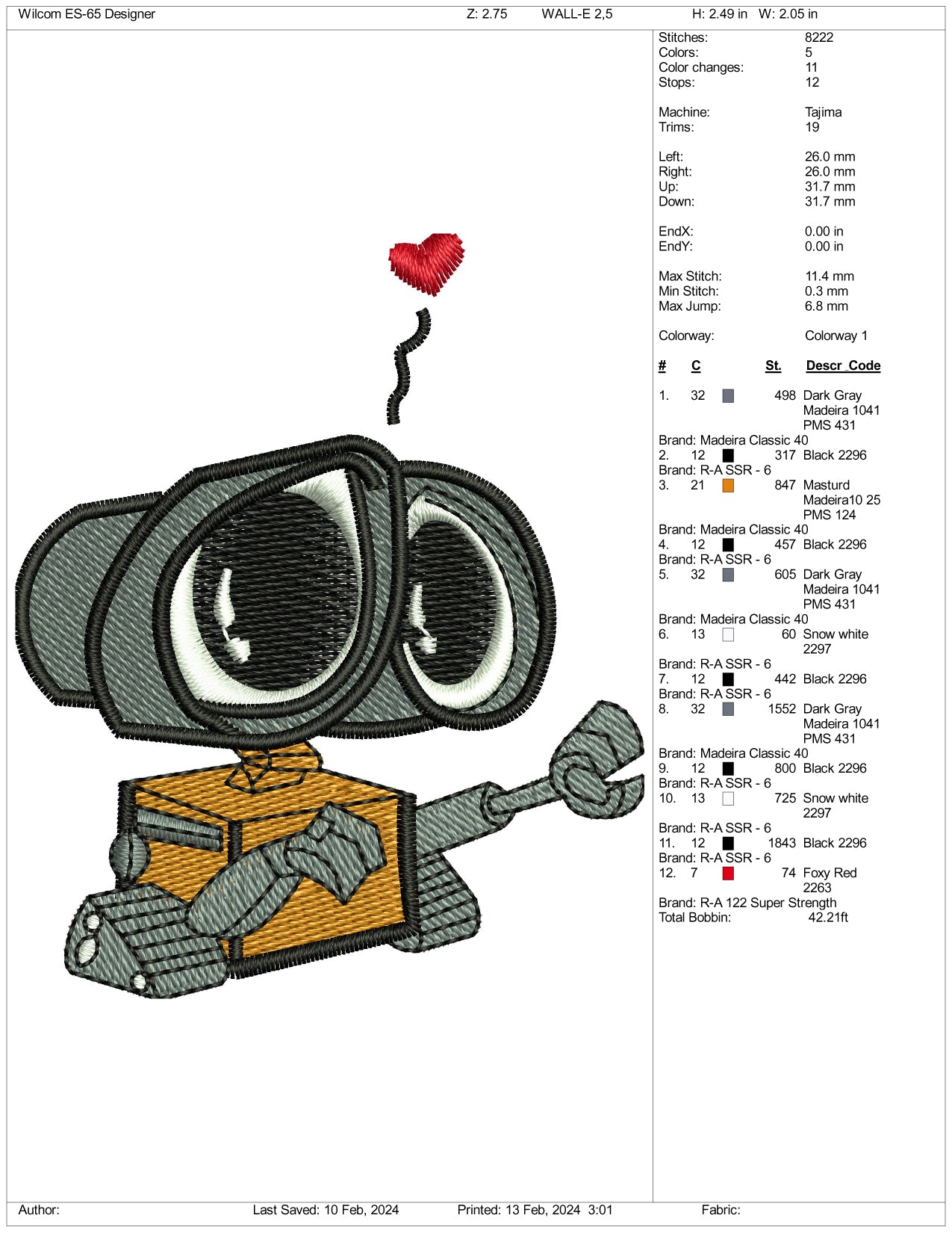 Wall E Embroidery Design Files - 3 Size's