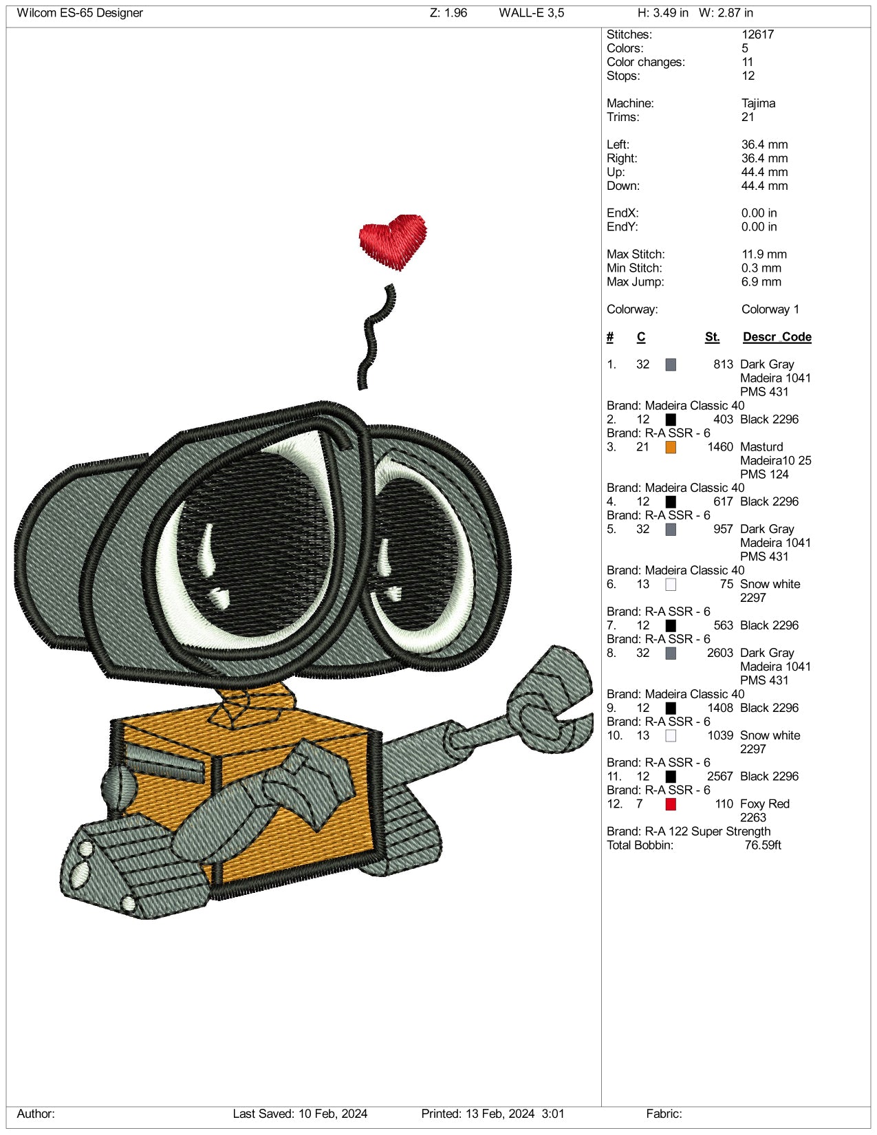 Wall E Embroidery Design Files - 3 Size's