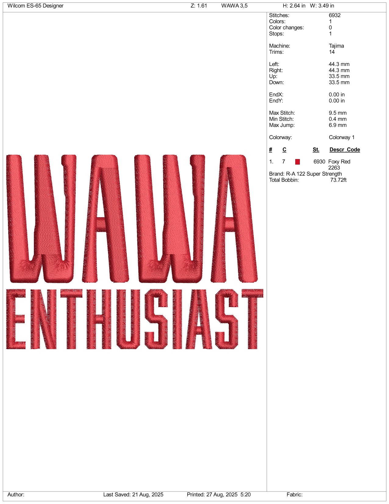 Wawa Enthusiast Embroidery Design Files - 2 Size's