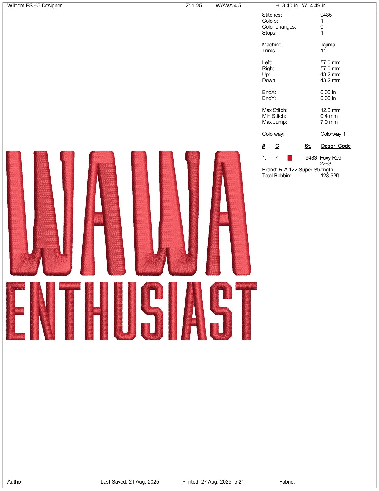 Wawa Enthusiast Embroidery Design Files - 2 Size's