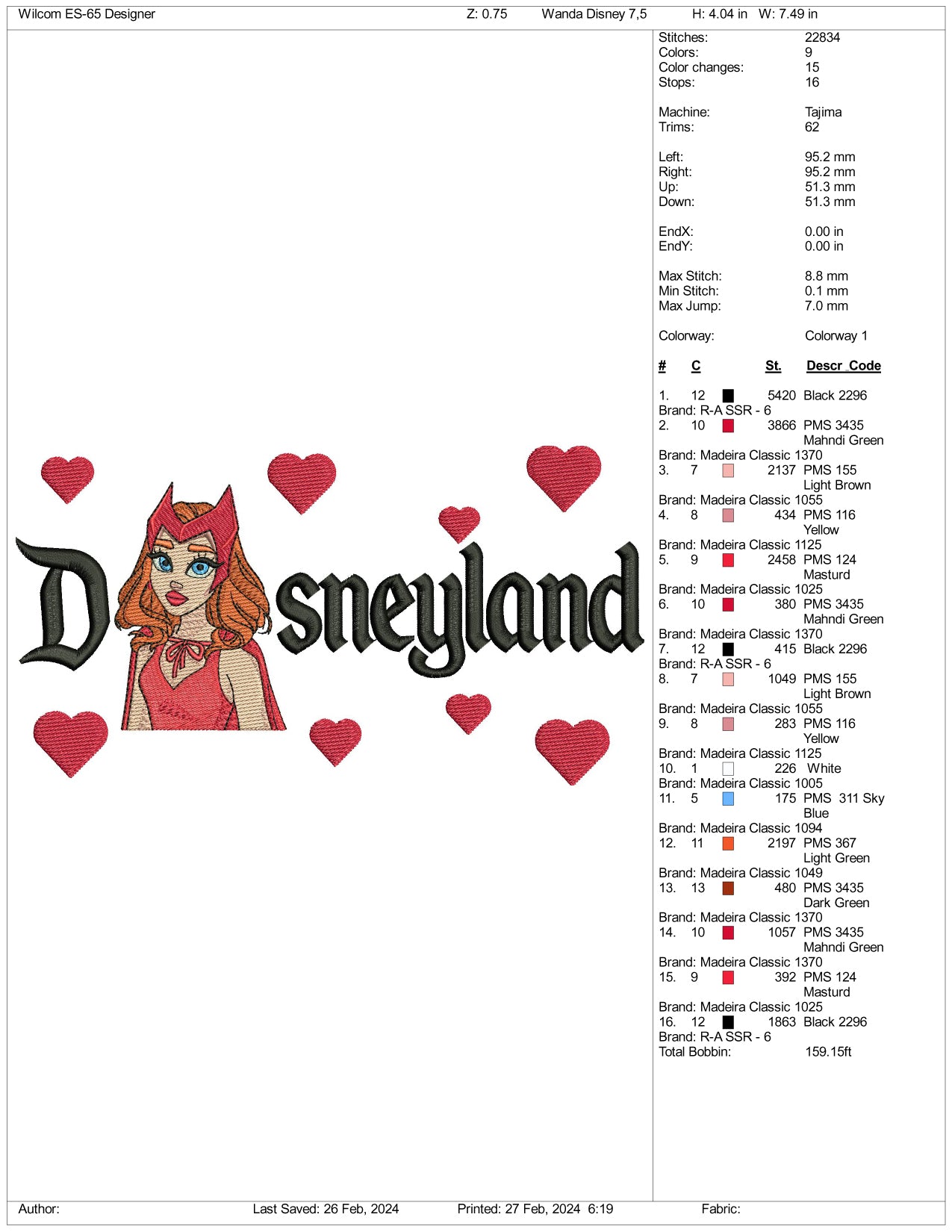 Wanda Disneyland Embroidery Design Files - 3 Size's