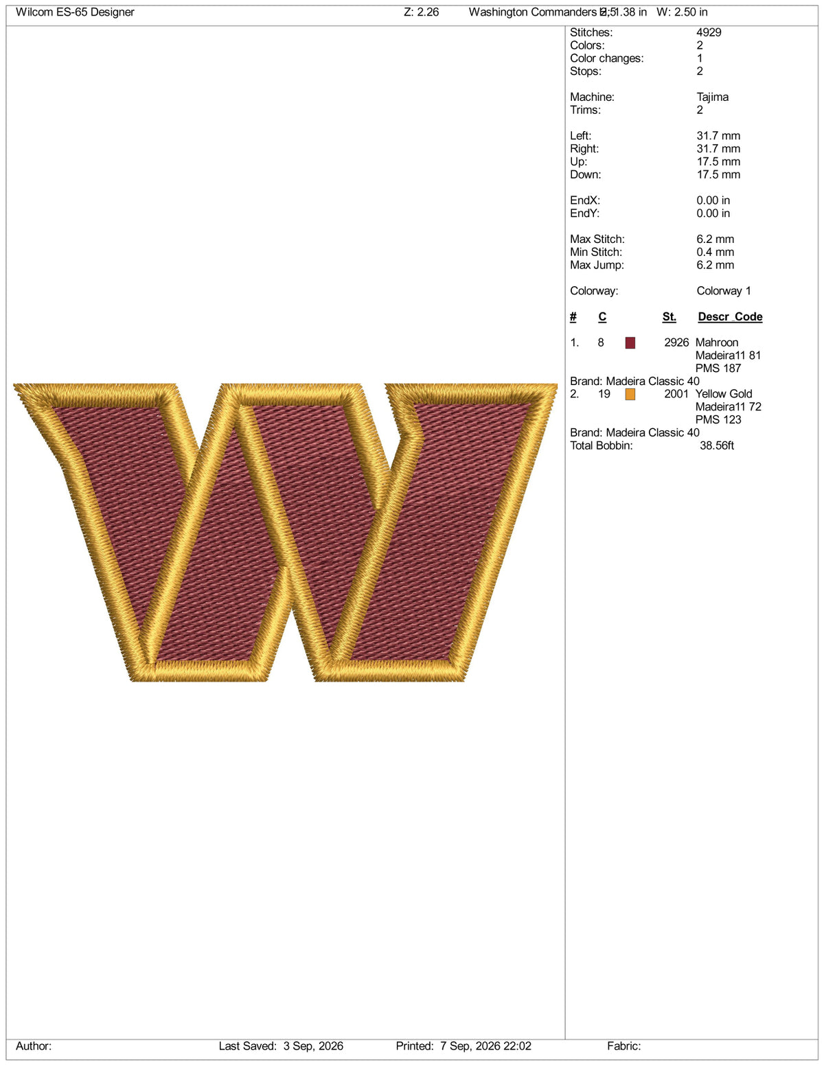 Washington Commanders Logo Embroidery Design Files - 3 Size's